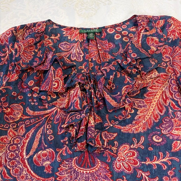 Lauren Ralph Lauren Ruffle Front Paisley 100% Cotton Blouse Size Large - Picture 4 of 8